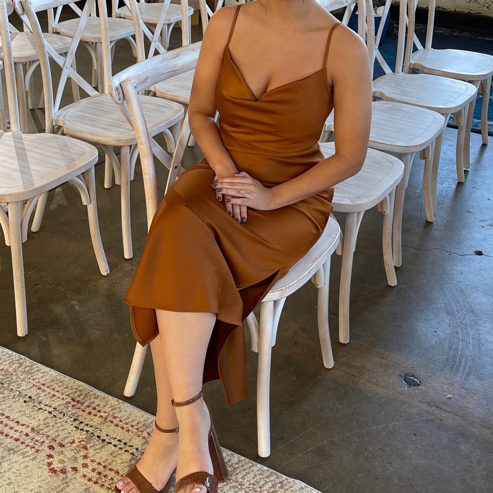Cocktail Cowl Neck Midi Spaghetti Strap Dress with Slit